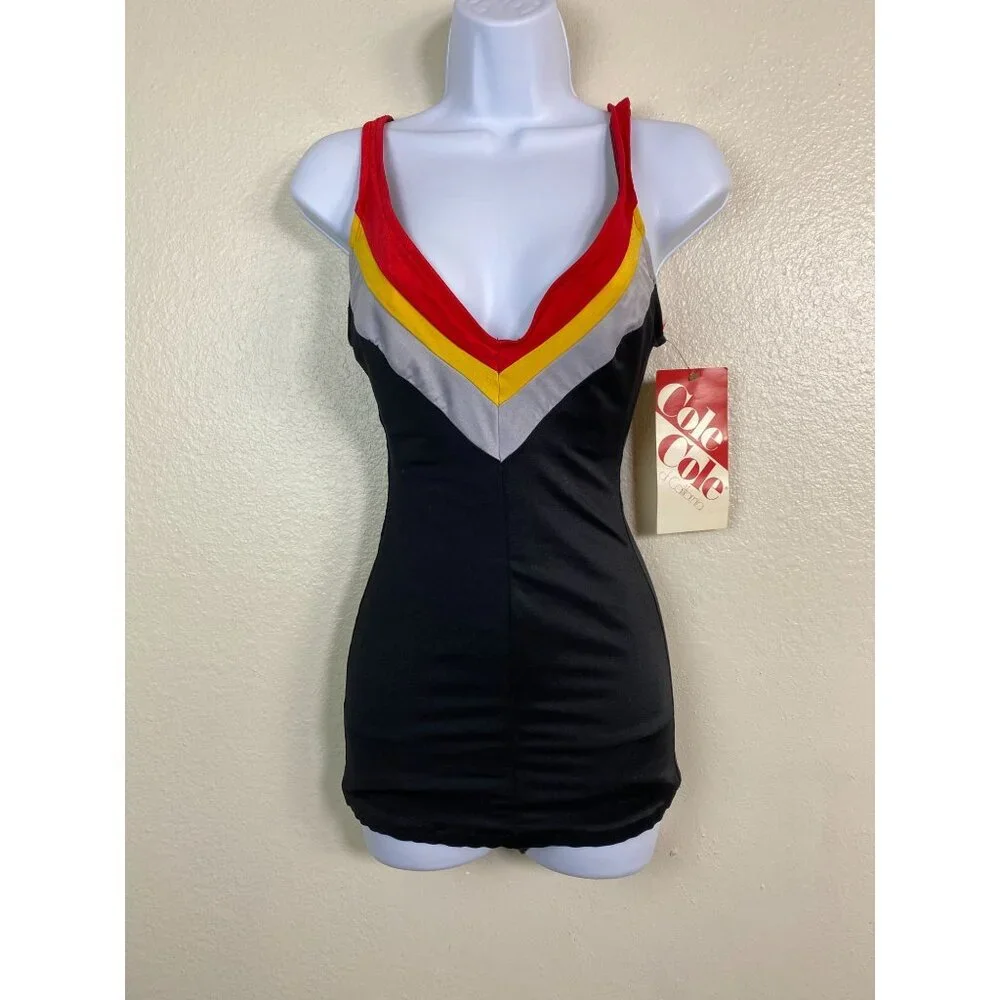 Vintage Cole Of California 40s 50s Retro One Piece Swimsuit Size 10 Black Red - Picture 1 of 16
